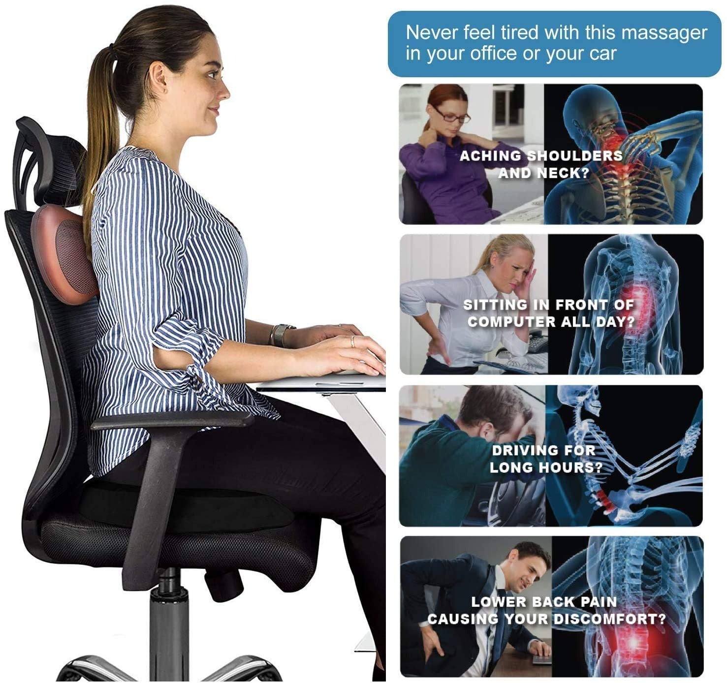 Car and Home Massage Pillow – Electric Massager for Neck, Back, Shoulder, Waist & Muscle Pain Relief with Soothing Heat Function